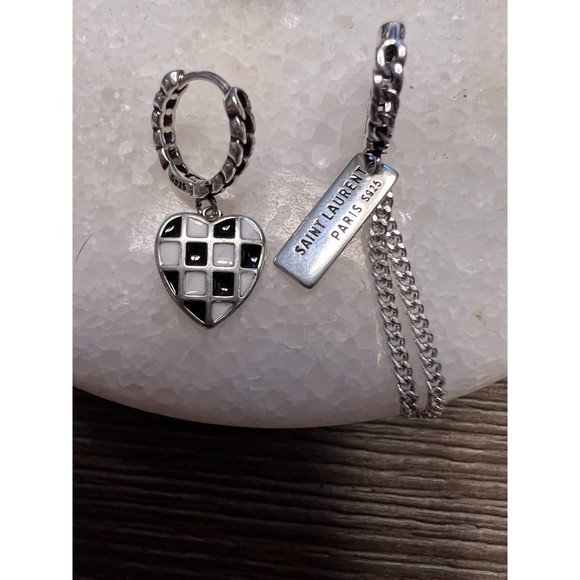 Silver Earrings/Black and White Checkered Heart - Picture 3 of 5